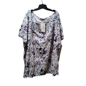 Bloomchic Smocked Tunic Top Blouse Women’s 30 White Purple Blue Floral Stretch